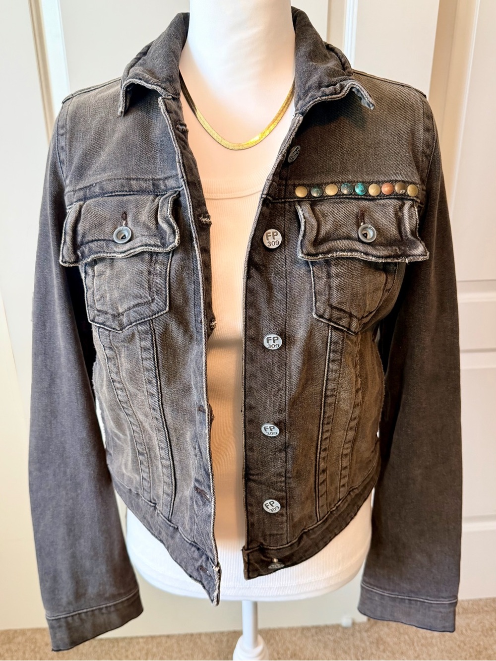 Free People Gray Washed Denim Jacket with Multicolor Studs
